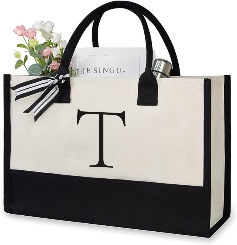 Große Tragetasche, modische Canvas-Tasche mit Buchstaben und Blumen, tragbar, für den Strand, Schultertasche, Shopping, lässige Strandtasche, Handtasche von Joom DACH