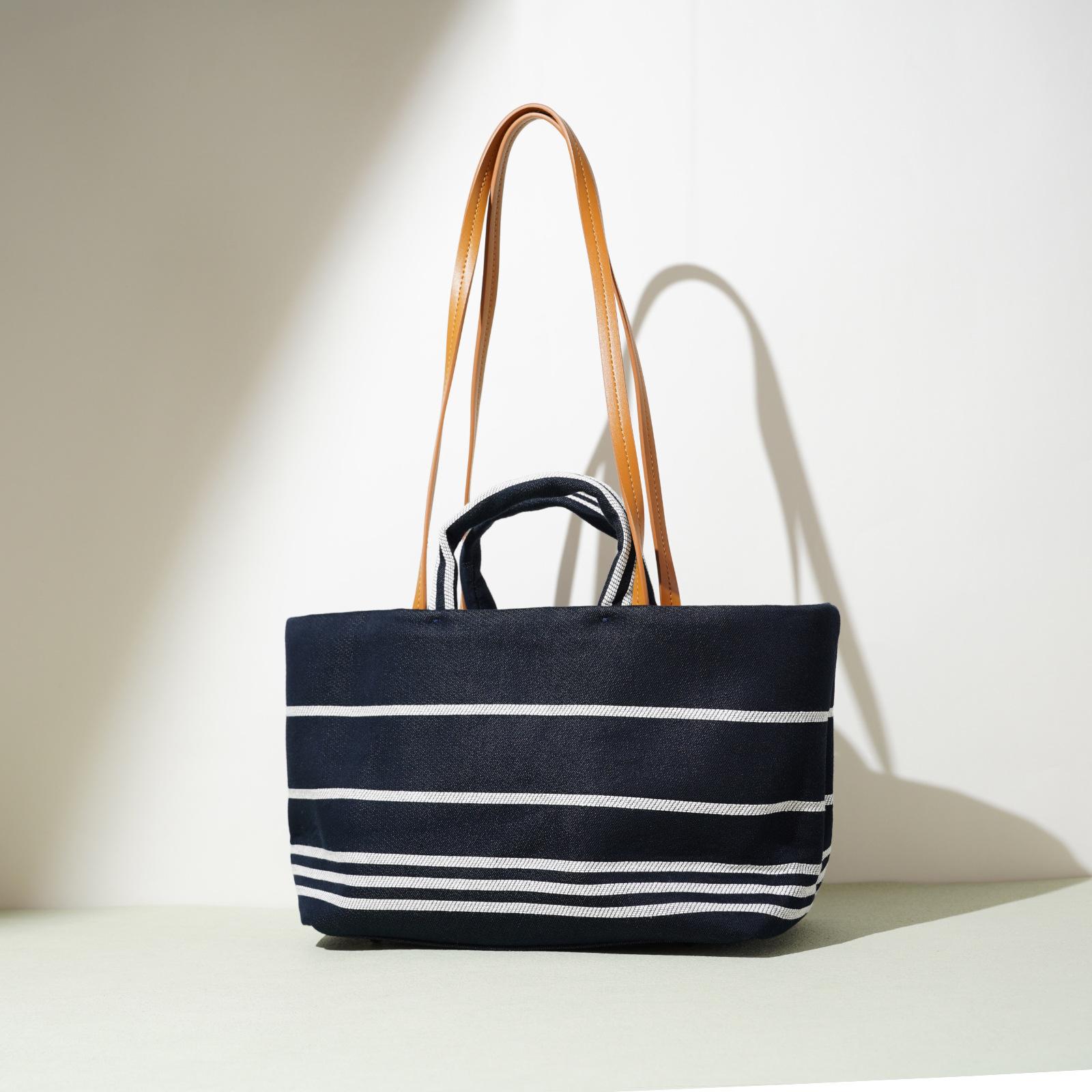 Große Tragetasche Canvas-Tasche Gestreift Einseitig Strand-Reisetasche Einfache Umhängetasche für Damen blau von Joom DACH