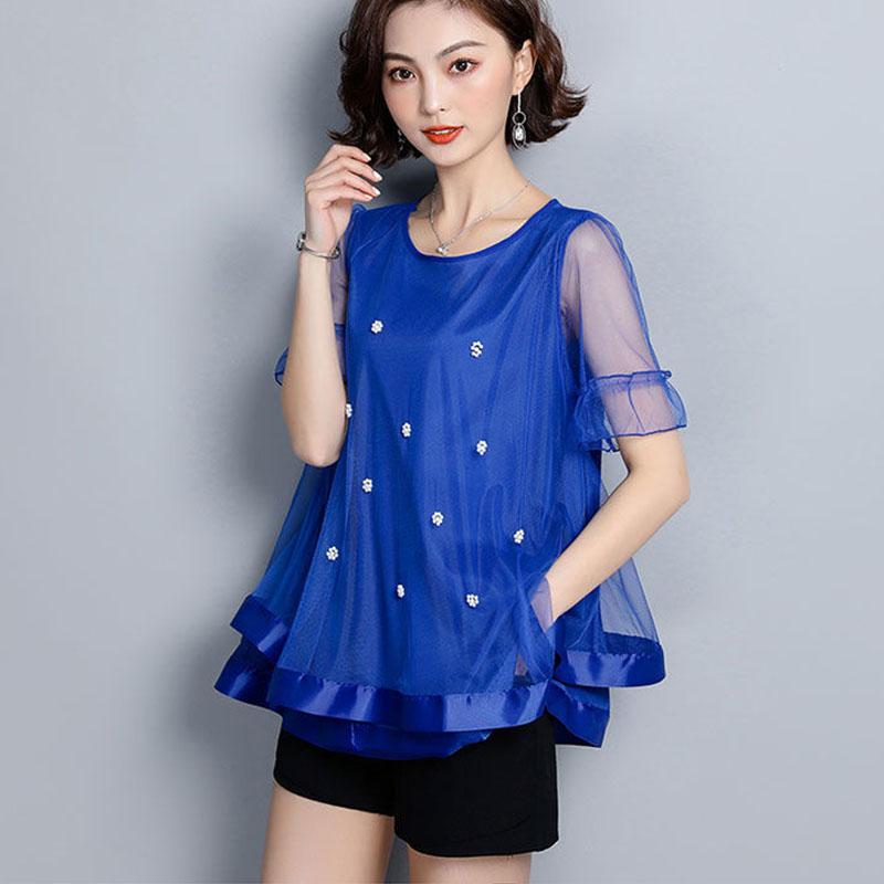 Große-größe frauen Sommer Kurzarm T-shirt Mütter Kleid Chiffon Shirt Frauen Lose Bottom Shirt L blau von Joom DACH