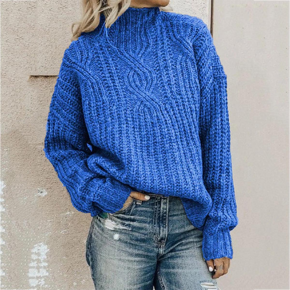 Großer Damen-Freizeit-Jacquard-Pullover in Unifarbe - Lockerer Langarm-Rundhals-Pullover, Strickpullover, Bequeme Alltagskleidung XXXL blau von Joom DACH