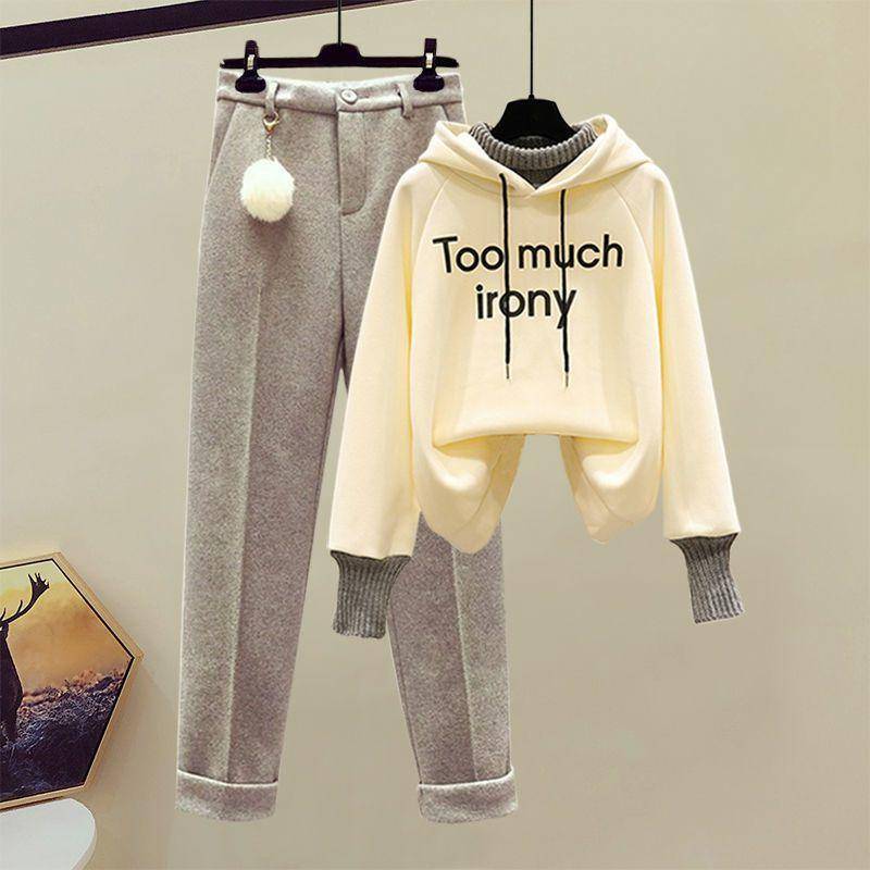 Großer Frühlingsanzug für Damen, locker sitzender, altersreduzierender Kapuzenpullover für Damen, zweiteiliges Set mit Freizeithosen M beige von Joom DACH