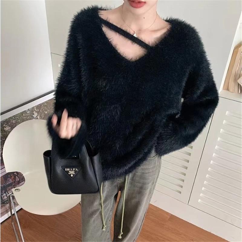 Großer Hängender Hals Imitation Nerzpelz Pullover für Damen im Winter Locker und Dick Nerzpelz Mittel bis Lang Gestrickter Basis-Pullover One Size schwarz von Joom DACH