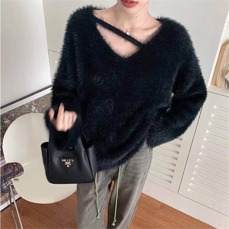 Großer Hängender Hals Imitation Nerzpelz Pullover für Damen im Winter Locker und Dick Nerzpelz Mittel bis Lang Gestrickter Basis-Pullover One Size schwarz von Joom DACH