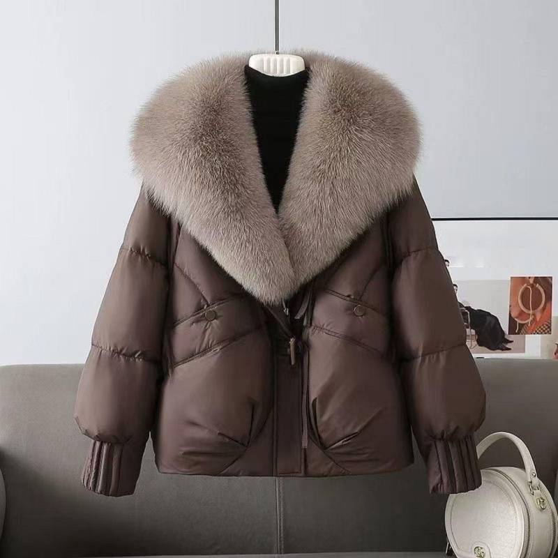 Großer Kunstpelzmantel Damen Herbst Winter Damen Parkas Weiße Entendaunenjacke Feder Kurzer Puffer-Mantel XS kaffeebraun von Joom DACH