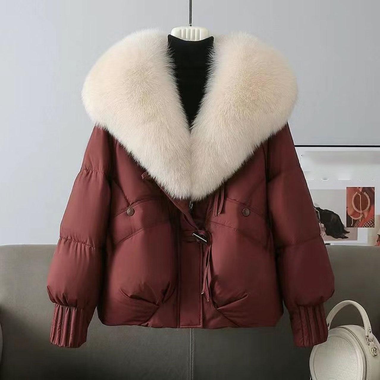 Großer Kunstpelzmantel Damen Herbst Winter Damen Parkas Weiße Entendaunenjacke Feder Kurzer Puffer-Mantel XS rot von Joom DACH