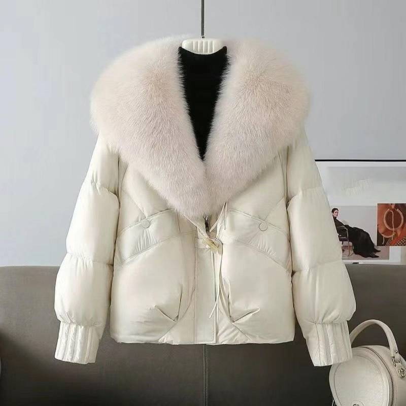 Großer Kunstpelzmantel Damen Herbst Winter Damen Parkas Weiße Entendaunenjacke Feder Kurzer Puffer-Mantel XS weiß von Joom DACH
