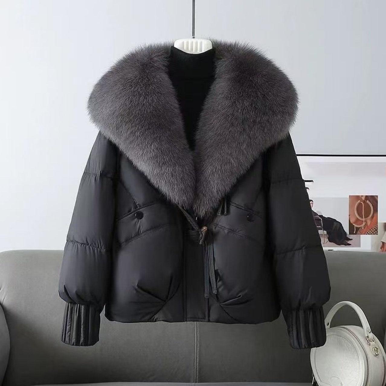 Großer Kunstpelzmantel Damen Herbst Winter Damen Parkas Weiße Entendaunenjacke Feder Kurzer Puffer-Mantel XS schwarz von Joom DACH