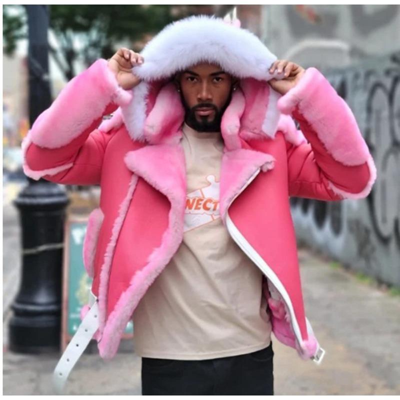 Großer Pelzkragen Kapuze Gürtelschnalle Plus Samt Verdickte Herrenlederjacke L rosa von Joom DACH