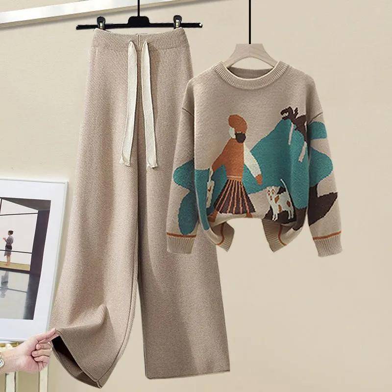 Großes Damen-Set für Herbst und Winter, Strickpullover, lockere und schlankmachende Freizeithosen, zweiteiliges Set für Damen L khaki/kaffeebraun von Joom DACH