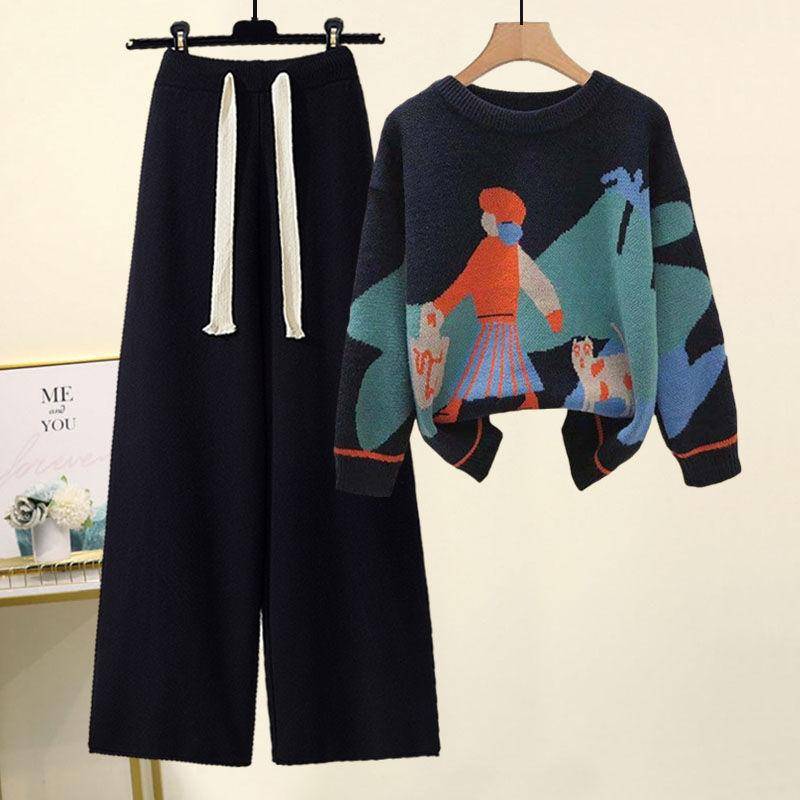 Großes Damen-Set für Herbst und Winter, Strickpullover, lockere und schlankmachende Freizeithosen, zweiteiliges Set für Damen S schwarz von Joom DACH