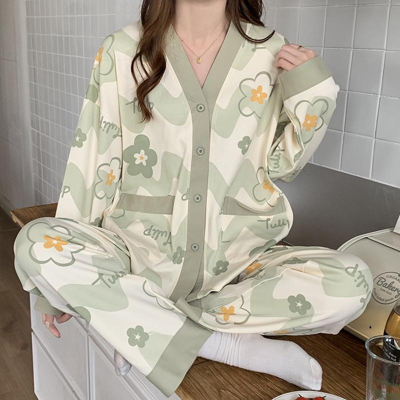 Grüne Blume Damen Pyjama Set Herbst Winter Lange Ärmel Lange Hosen Süße Nachtwäsche Kawaii Pyjamas Weicher Pijama Gemütlicher Pjs Bequemer Pj L von Joom DACH