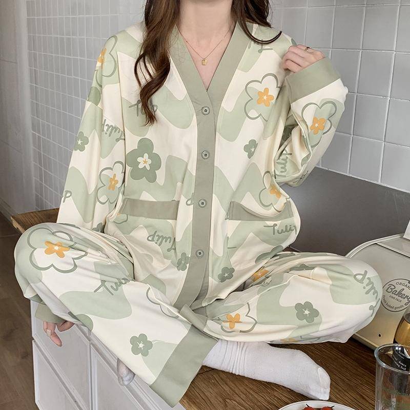Grüne Blume Damen Pyjama Set Herbst Winter Lange Ärmel Lange Hosen Süße Nachtwäsche Kawaii Pyjamas Weicher Pijama Gemütlicher Pjs Bequemer Pj L von Joom DACH