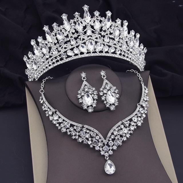 Grüne Kristallkrone, Halsketten-Ohrring-Sets, Luxus-Brautschmuck-Sets für Frauen, Abschlussball-Diademe, Braut-Dubai-Schmuck-Sets von Joom DACH