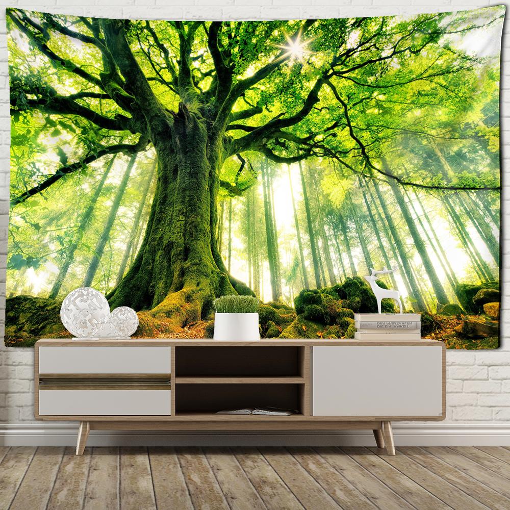 Grüne Natur Wald Wandteppich Hängen Böhmischen Baum Landschaft Wohnzimmer Schlafzimmer Hippie Künstler Haus Dekor 400x220CM von Joom DACH
