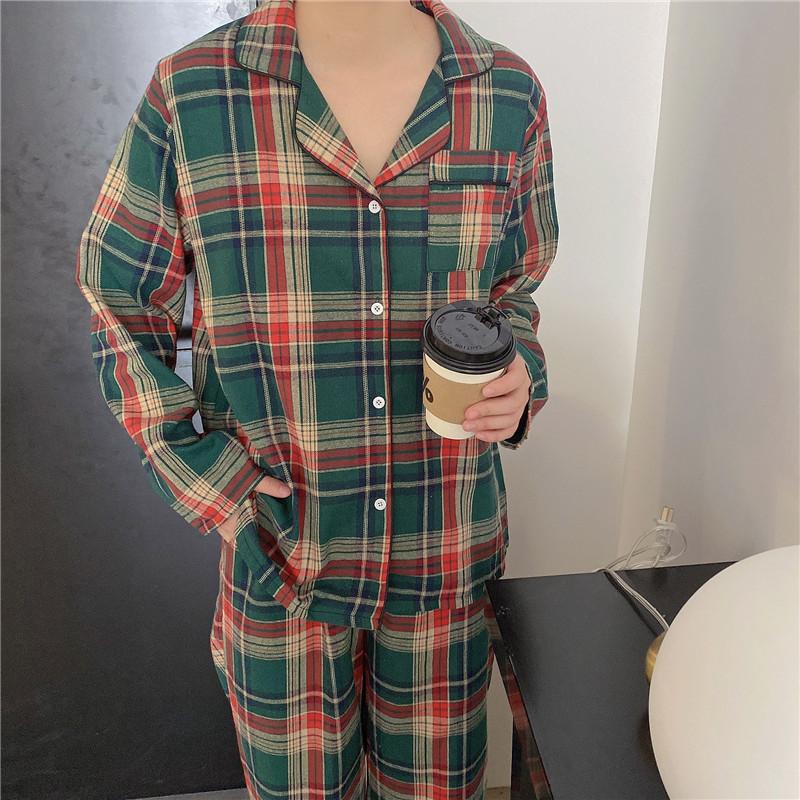 Grüne Weihnachts-Pyjamas Paar Pyjama-Set Einfache Karomuster Nachtwäsche Baumwolle Herbst Winter Damen Pyjama-Anzug Langärmlig Loungewear XXL von Joom DACH