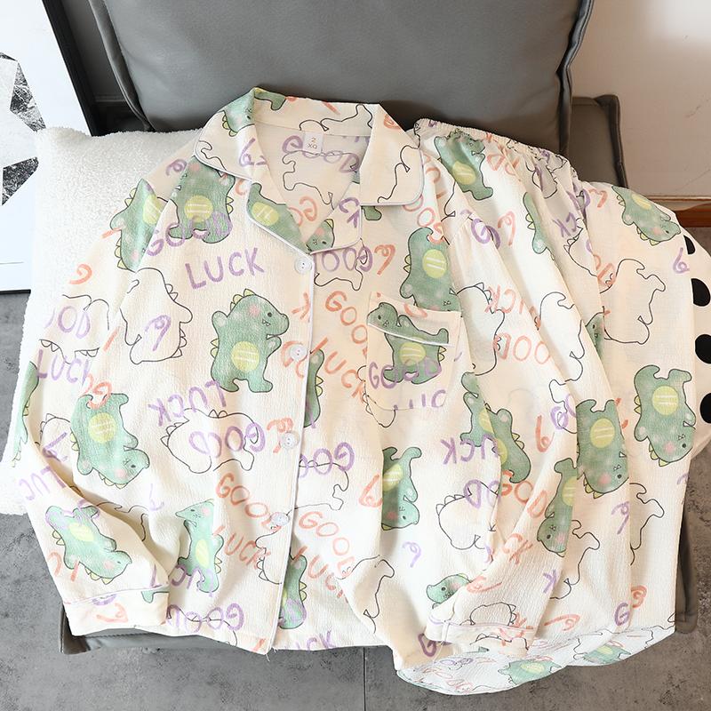 Grüner Dinosaurier Hauskleidung Cartoon Kawaii Niedlich Damen Schlaf Casual Herbst Neu Lässig Langarm Oberteile Lange Hosen 2-teiliges Pyjama-Set M von Joom DACH