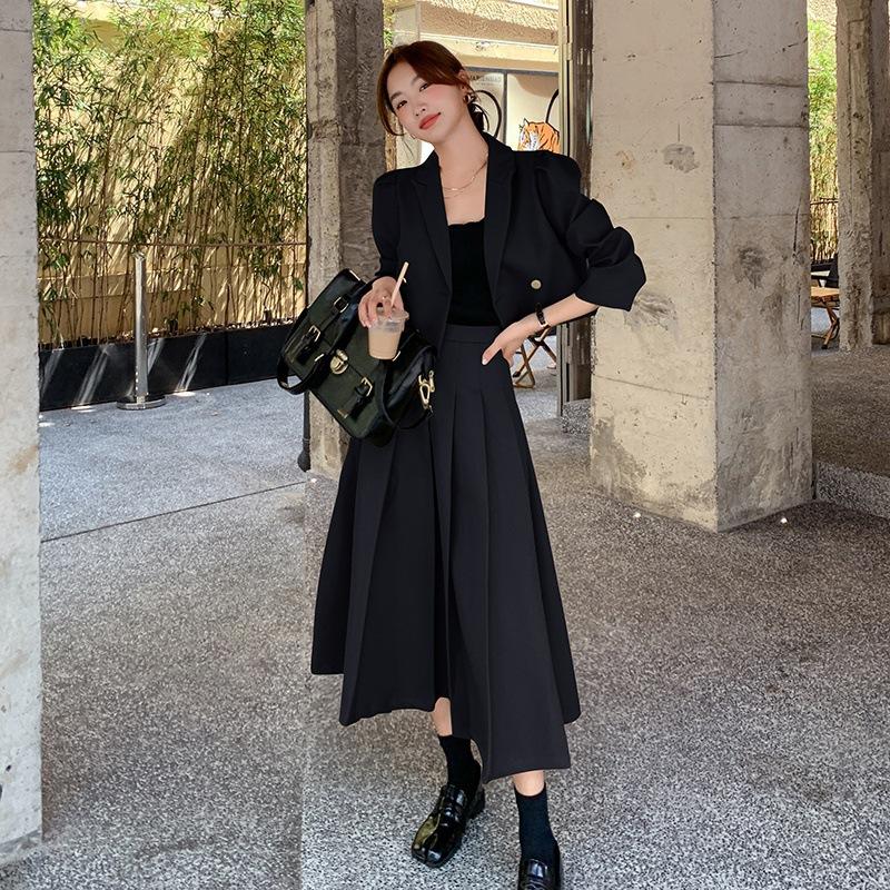 Grüner kleiner Anzug für Damen mit Faltenrock, zweiteiliger Anzug im französischen Herbststil für Damen S schwarz von Joom DACH