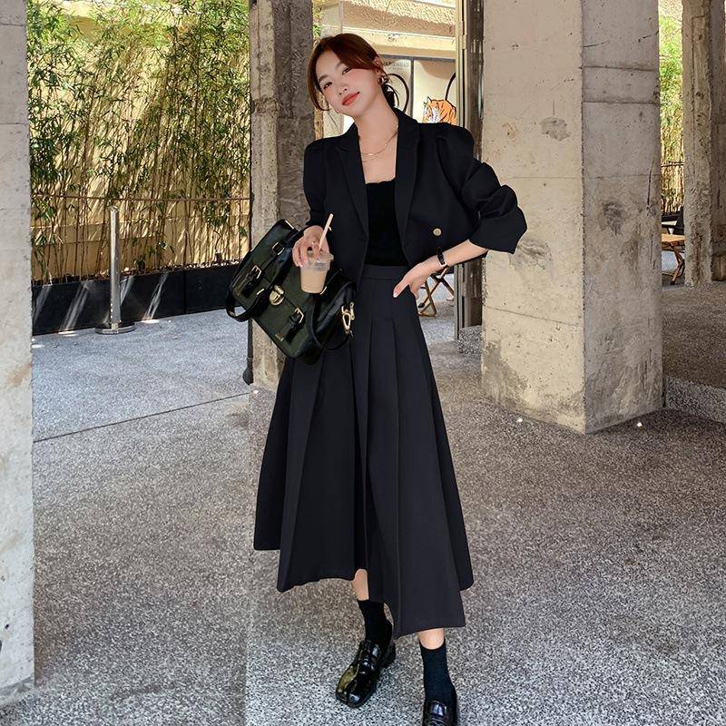 Grüner kleiner Anzug für Damen mit Faltenrock, zweiteiliger Anzug im französischen Herbststil für Damen S schwarz von Joom DACH