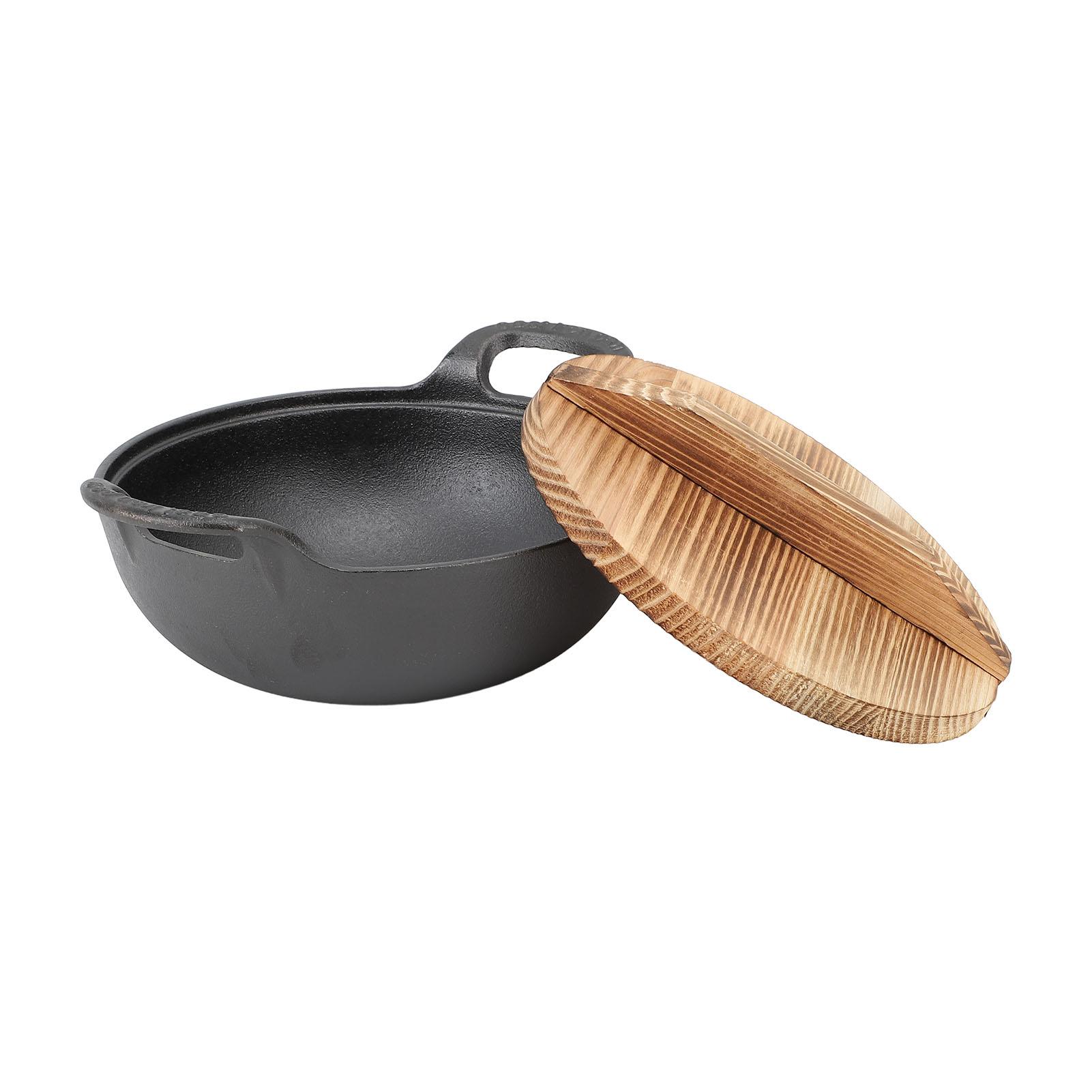 Gusseisen Wok mit 2 Griffen Holzdeckel Bratpfanne mit flachem Boden Unbeschichtet zum Pfannenrühren Grillen Dämpfen 43x25x8cm / 16.9x9.8x3.1in von Joom DACH