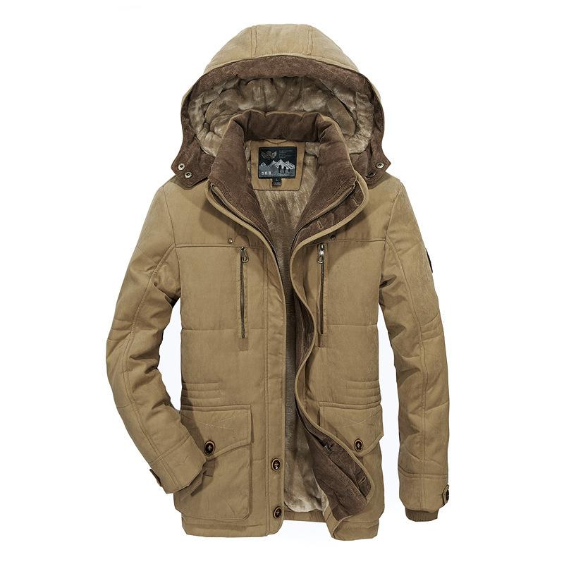 Gute Qualität Wintermäntel für Herren mit mehreren Taschen, Cargo-Jacken, lange Wintermäntel, Daunenjacken mit Kapuze, lässige warme Parkas, Größe 7XL XXXXXL khaki von Joom DACH