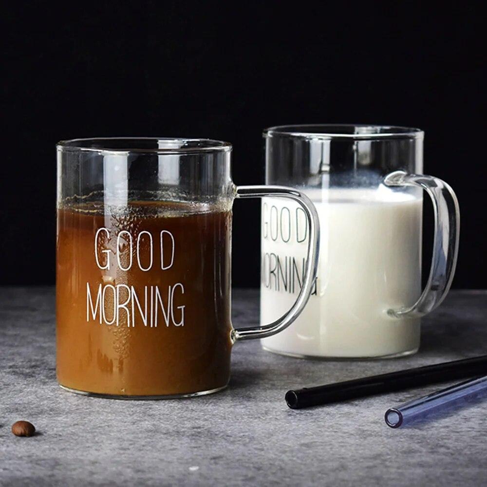Guten Morgen Glasbecher Kaffee Milch Frühstückstasse Becher mit Griff Transparent Trinkgeschirr Haushaltsgeschenk für Kinder Set 400ml weiß von Joom DACH