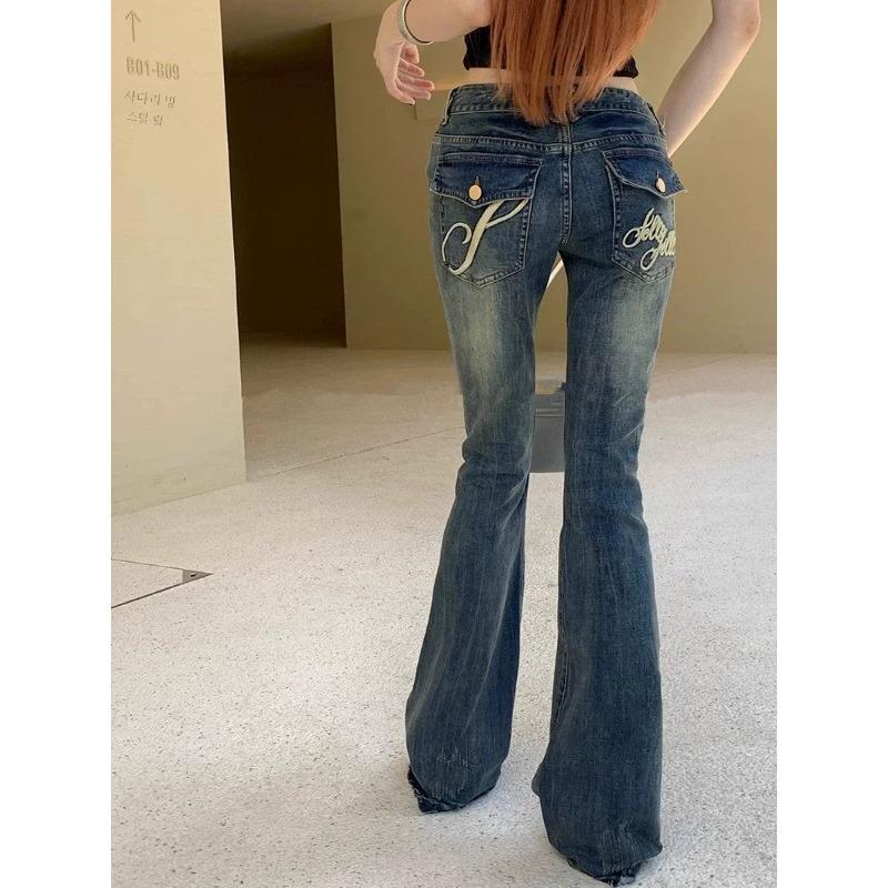Gyaru Retro Slimming Skinny Jeans Damen Frühling und Sommer Wischhose Elastische niedrige Taille Slim Fit Stickerei Schlaghose S blau von Joom DACH