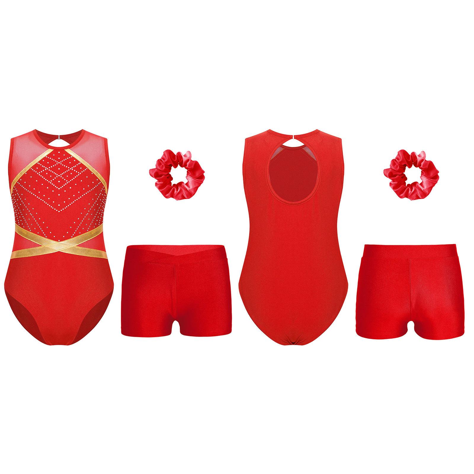 Gymnastik-Outfit für Kinder, Mädchen, Patchwork, ärmellos, mit Schlüsselloch hinten, glitzernden Strasssteinen, Turnanzug mit V-Frontbund, Shorts, Haargummi, Kopfbedeckung 15-16 Years rot Gymnastik-Outfit für Kinder, Mädchen, Patchwork, ärmellos, mit Schlüsselloch hinten, glitzernden Strasssteinen, Turnanzug mit V-Frontbund, Shorts, Haargummi, Kopfbedeckung 15-16 Years rot von Joom DACH