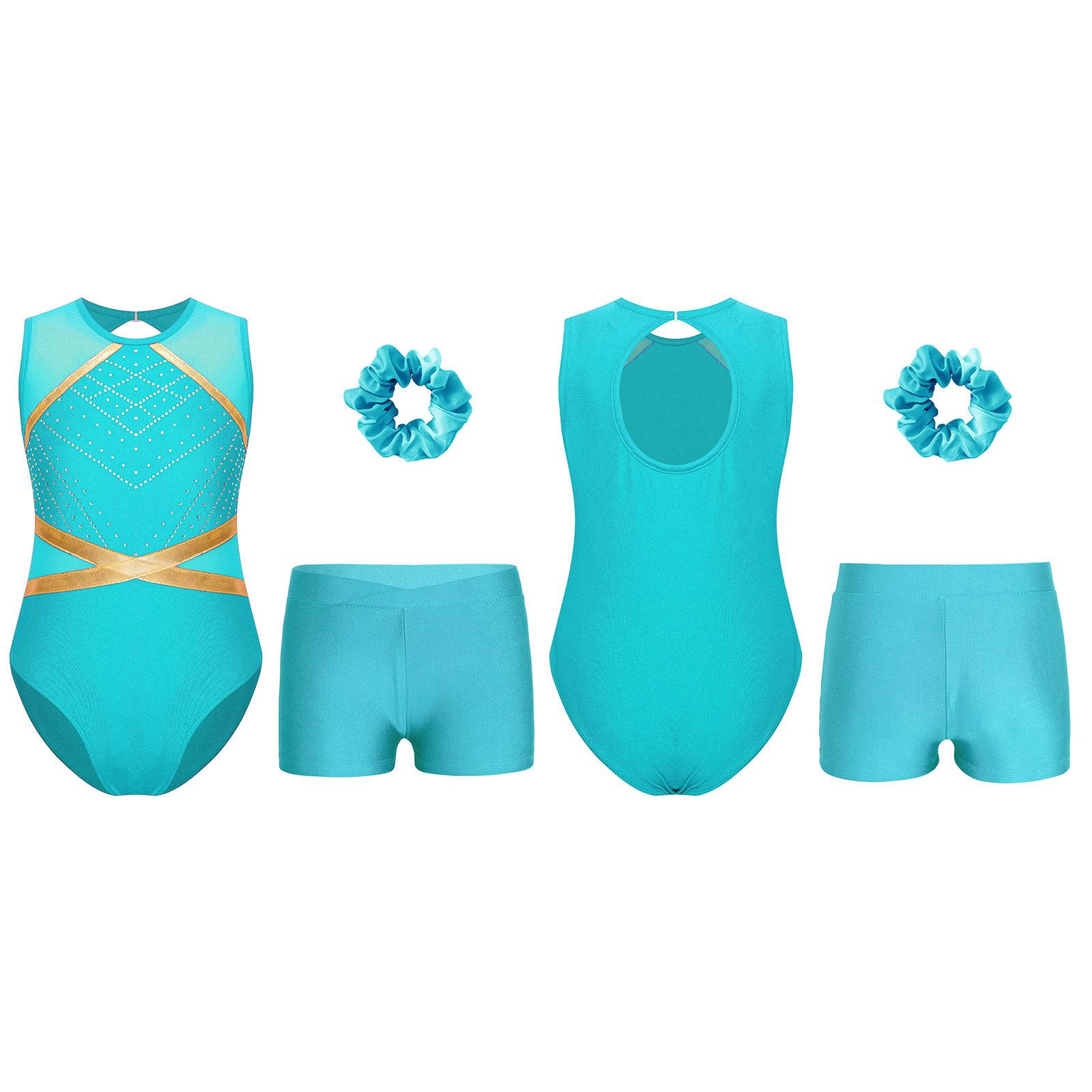 Gymnastik-Outfit für Kinder, Mädchen, Patchwork, ärmellos, mit Schlüsselloch hinten, glitzernden Strasssteinen, Turnanzug mit V-Frontbund, Shorts, Haargummi, Kopfbedeckung 9-10 Years blau/grün Gymnastik-Outfit für Kinder, Mädchen, Patchwork, ärmellos, mit Schlüsselloch hinten, glitzernden Strasssteinen, Turnanzug mit V-Frontbund, Shorts, Haargummi, Kopfbedeckung 9-10 Years blau/grün von Joom DACH