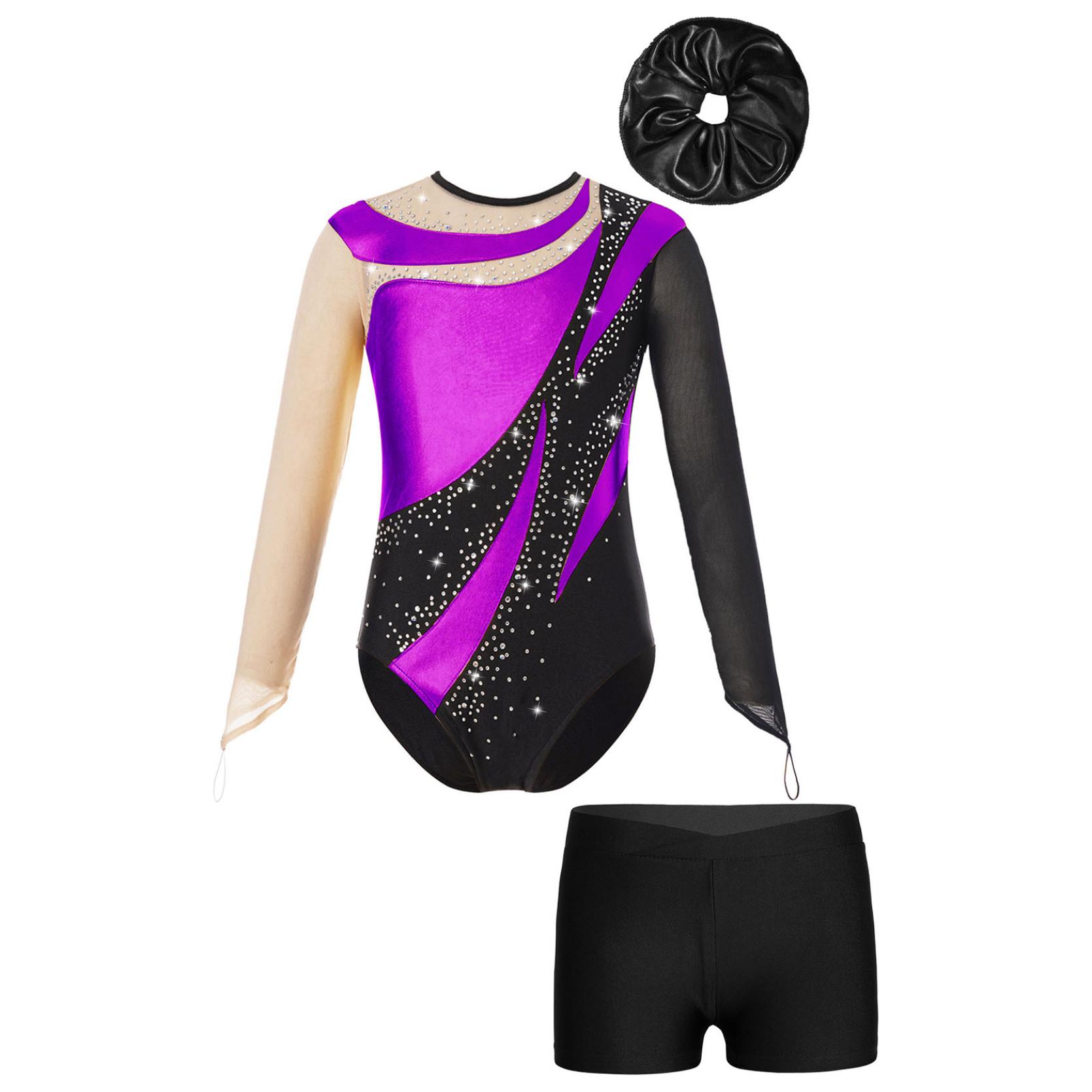 Gymnastik-Outfit für Mädchen, langärmelig, glänzend, Netzstoff, Schlüsselloch-Rückseite, mit V-Bund, Shorts, Haarband 9-10 Years schwarz/violett Gymnastik-Outfit für Mädchen, langärmelig, glänzend, Netzstoff, Schlüsselloch-Rückseite, mit V-Bund, Shorts, Haarband 9-10 Years schwarz/violett von Joom DACH