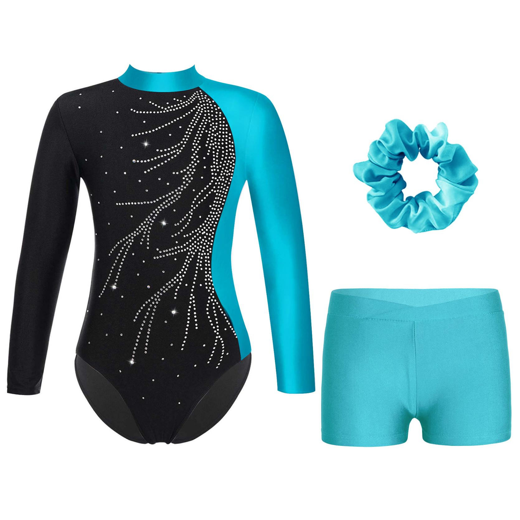 Gymnastik-Tanz-Outfit für Mädchen, Stehkragen, langärmlig, mit glänzenden Strasssteinen verziert, Schlüsselloch-Rückentrikot mit V-Bund, Shorts und Haarband 15-16 Years von Joom DACH