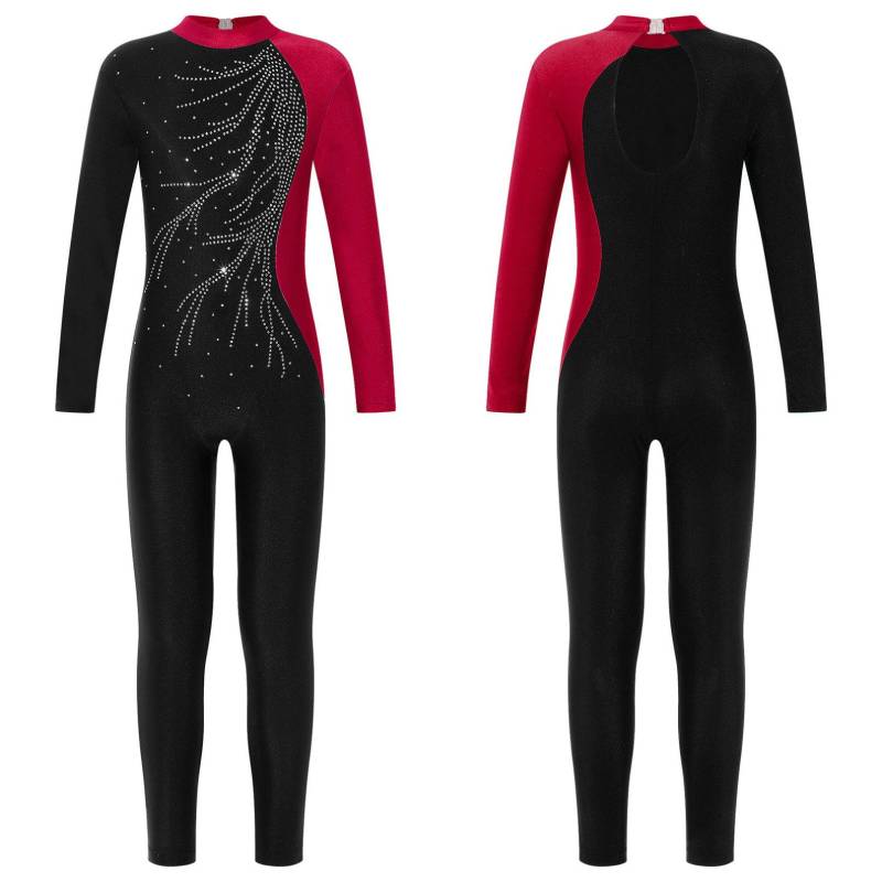 Gymnastikanzug für Kinder, Mädchen, langärmelig, sportlicher Turnanzug, Strass-Glitzer-Overall, Tanzbekleidung 11-12 Years bordeaux von Joom DACH