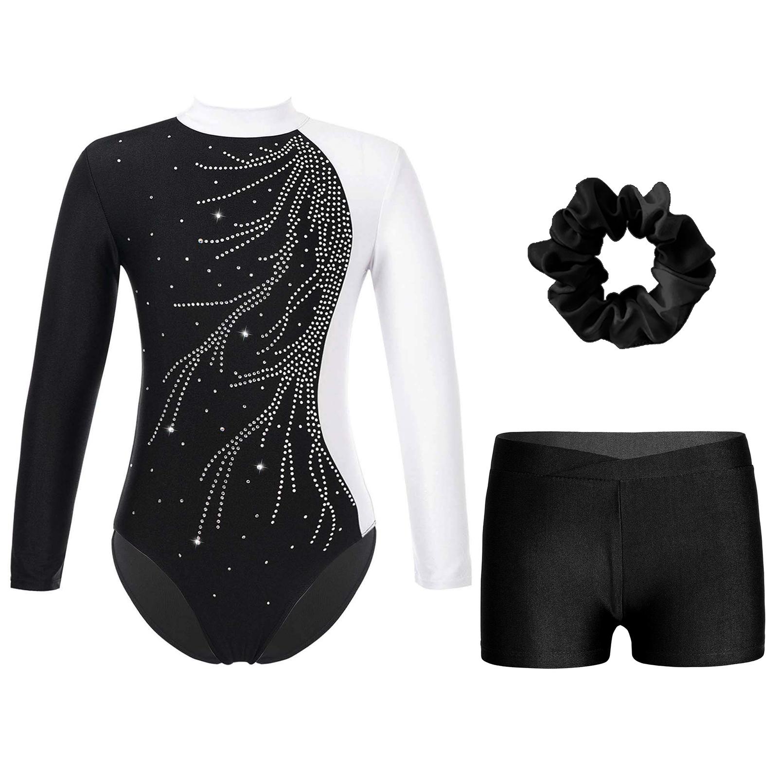 Gymnastikanzug für Mädchen mit Shorts, Stirnband, langärmelig, Glitzer-Trikot, Wettkampf-Tanzkostüm 11-12 Years von Joom DACH