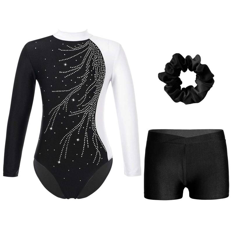 Gymnastikanzug für Mädchen mit Shorts, Stirnband, langärmelig, Glitzer-Trikot, Wettkampf-Tanzkostüm 11-12 Years weiß/schwarz von Joom DACH