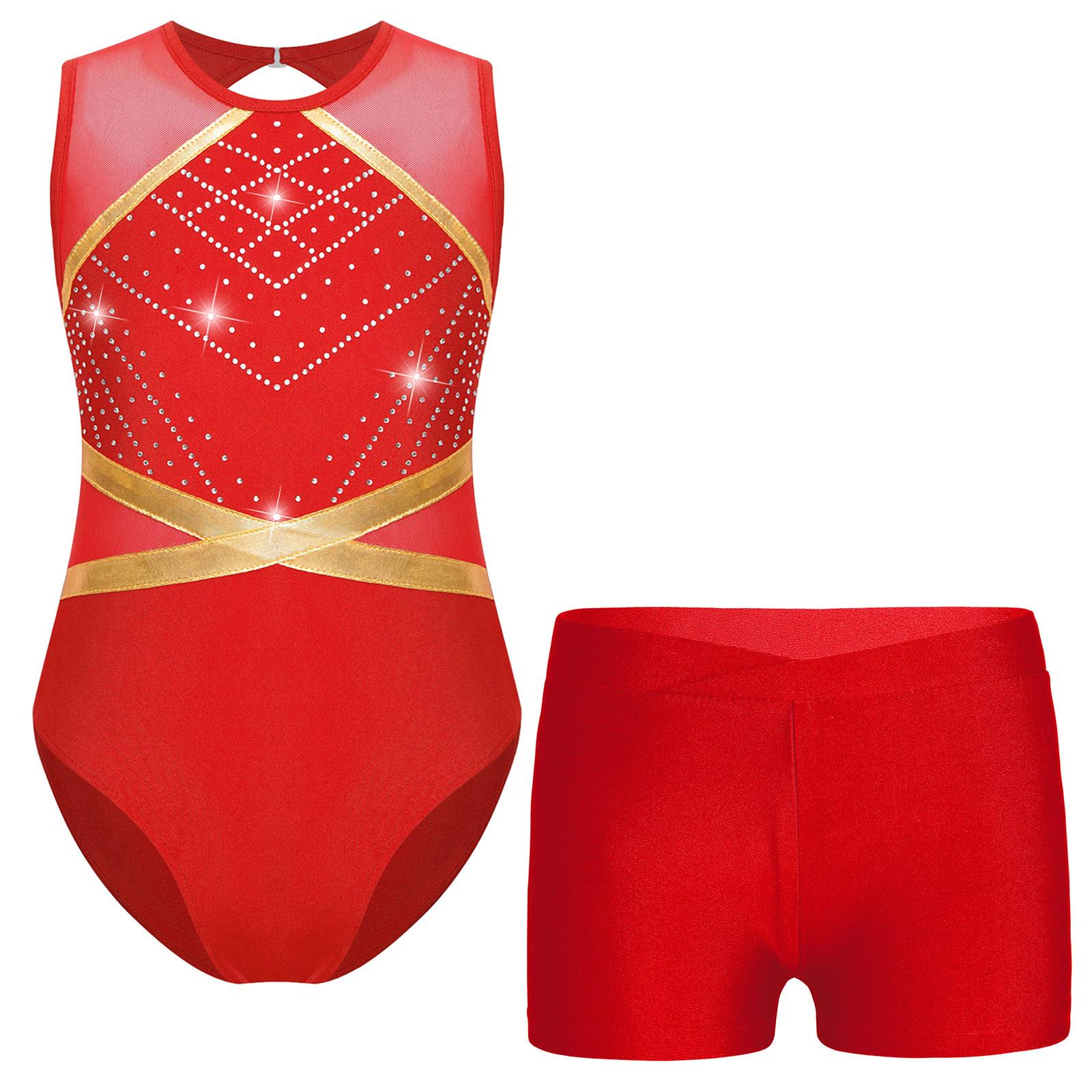 Gymnastikanzug für Mädchen mit funkelndem Strass, mit Schlüsselloch-Rückendesign, Bodysuit und Shorts mit Bund zum Tanzen oder Eiskunstlauf 7-8 Years rot Gymnastikanzug für Mädchen mit funkelndem Strass, mit Schlüsselloch-Rückendesign, Bodysuit und Shorts mit Bund zum Tanzen oder Eiskunstlauf 7-8 Years rot von Joom DACH
