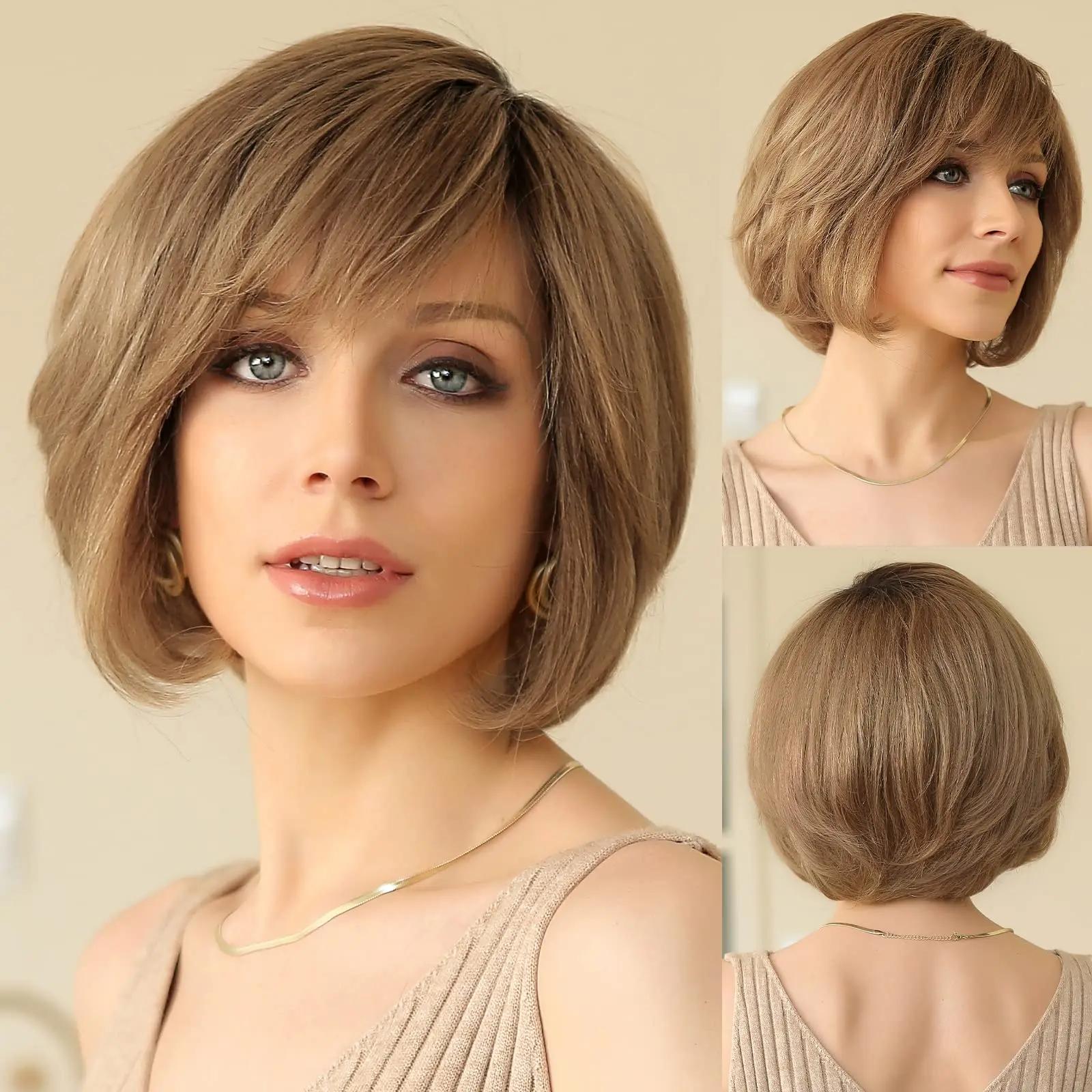 HAIRCUBE Braunblonde Remy-Echthaarperücken, HD-transparente Lace-Front-Perücke, kurz, geschichtet, gewellt, handgebundene Lace-Frontalhaare für weiße Frauen von Joom DACH