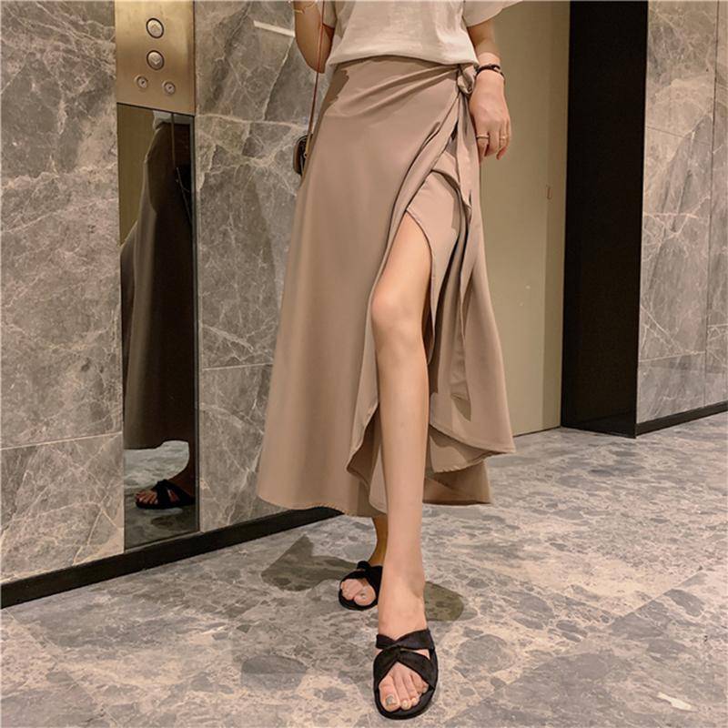 HALLO-MODE Sommer Elegante Fleck Frauen A-Line Lange Röcke Side Split Hohe Taille Modische Regenschirm Strand Weibliche Röcke One Size kaffeebraun von Joom DACH