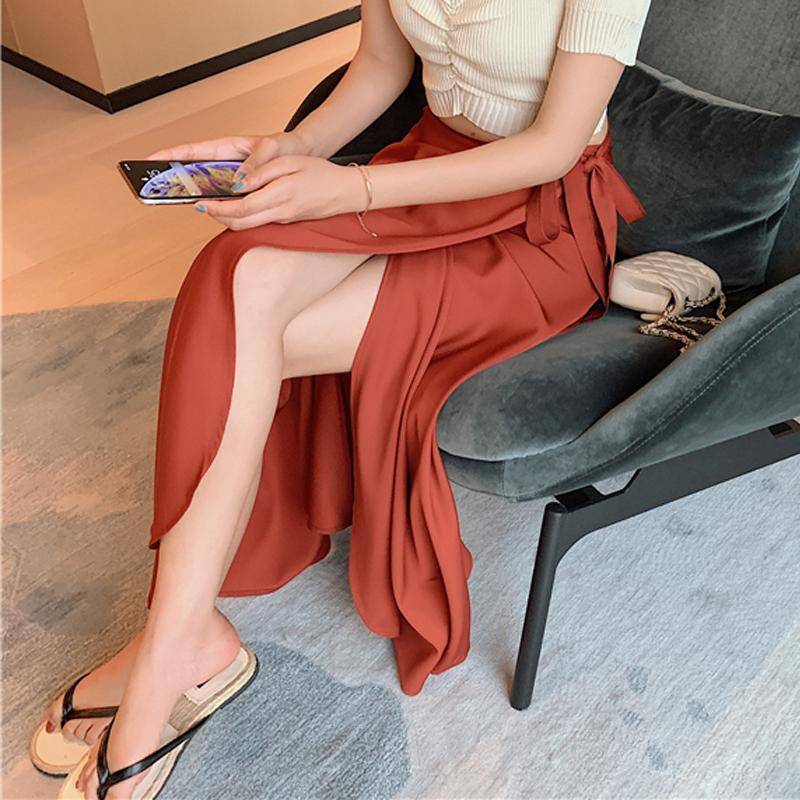 HALLO-MODE Sommer Elegante Fleck Frauen A-Line Lange Röcke Side Split Hohe Taille Modische Regenschirm Strand Weibliche Röcke One Size orangerot von Joom DACH