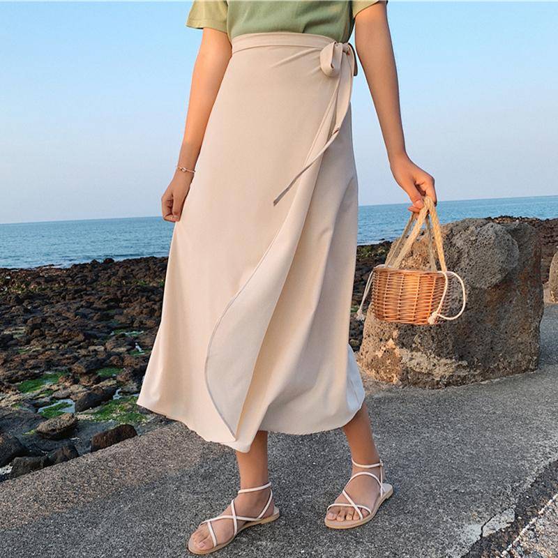 HALLO-MODE Sommer Elegante Fleck Frauen A-Line Lange Röcke Side Split Hohe Taille Modische Regenschirm Strand Weibliche Röcke One Size beige von Joom DACH