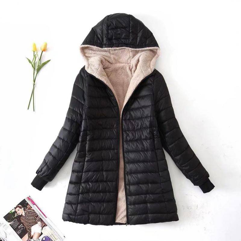 HI-FASHION Übergröße Daunenjacke Herbst Winter Verdicken Schlank Langärmlig Oberbekleidung Damen All-Match Gebürsteter Langer Warmer Mantel S-3XL 3XL schwarz von Joom DACH