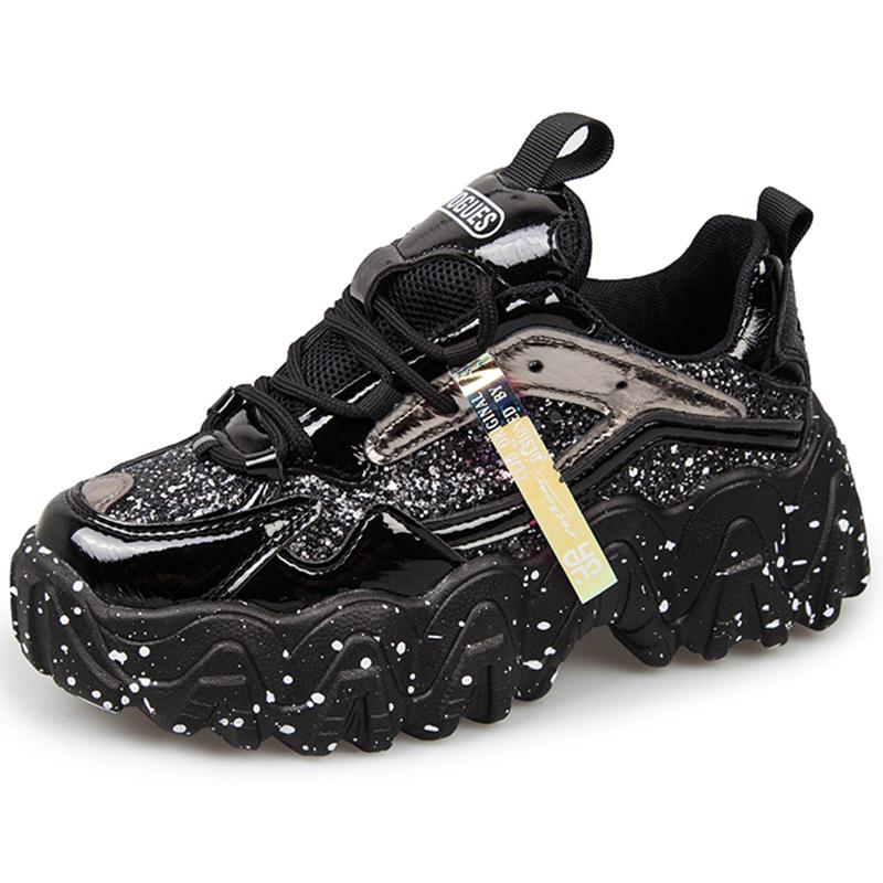 HOHO FAIR Damenschuhe, reflektierende klobige Sneakers, Damenmode, Glitzer, Bling, vulkanisierte Schuhe, Damen-Designer-Plateau-Sneakers 40 schwarz von Joom DACH