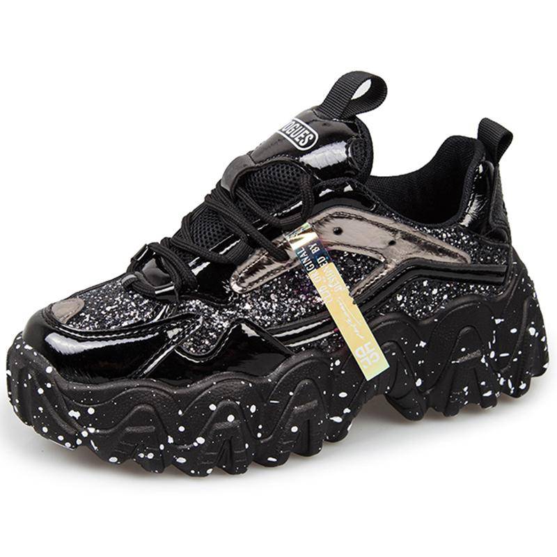 HOHO FAIR Damenschuhe, reflektierende klobige Sneakers, Damenmode, Glitzer, Bling, vulkanisierte Schuhe, Damen-Designer-Plateau-Sneakers 40 schwarz von Joom DACH