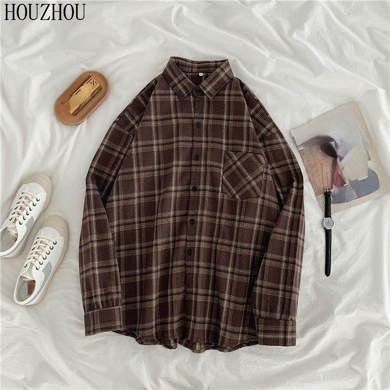 HOUZHOU Plaid Shirts Frauen Baumwolle Oversize Bluse Koreanischen Stil Langarm Casual Vintage Winter Karo Hemd M braun von Joom DACH
