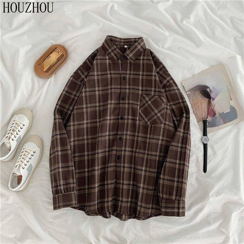 HOUZHOU Plaid Shirts Frauen Baumwolle Oversize Bluse Koreanischen Stil Langarm Casual Vintage Winter Karo Hemd M braun von Joom DACH