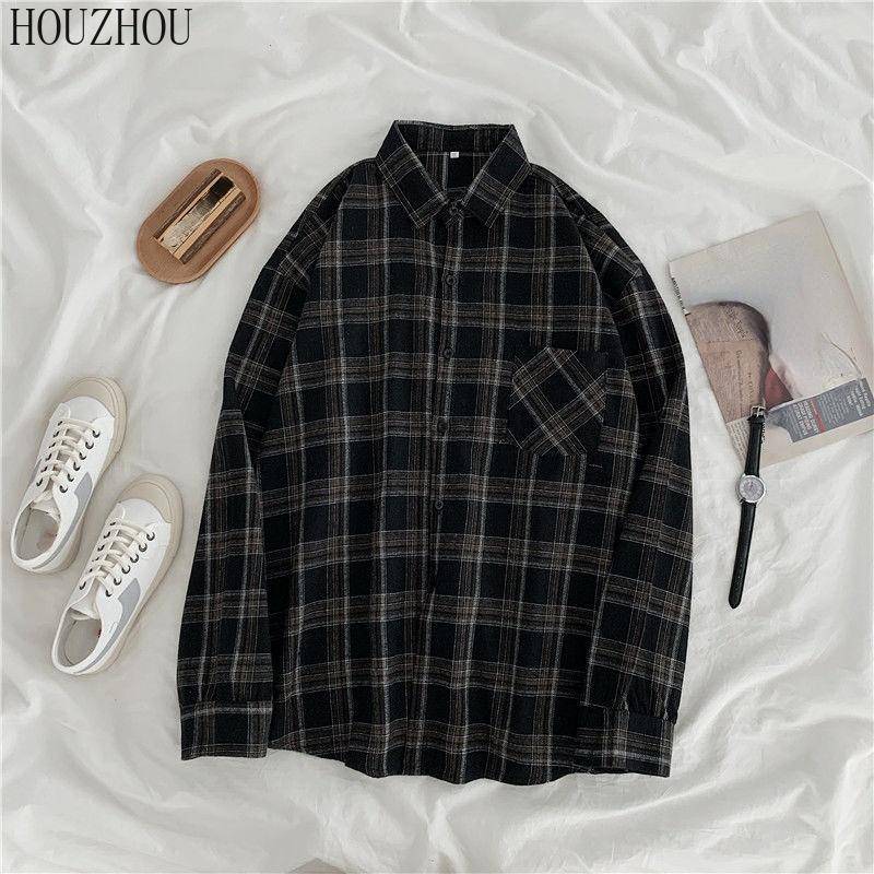 HOUZHOU Plaid Shirts Frauen Baumwolle Oversize Bluse Koreanischen Stil Langarm Casual Vintage Winter Karo Hemd M schwarz von Joom DACH