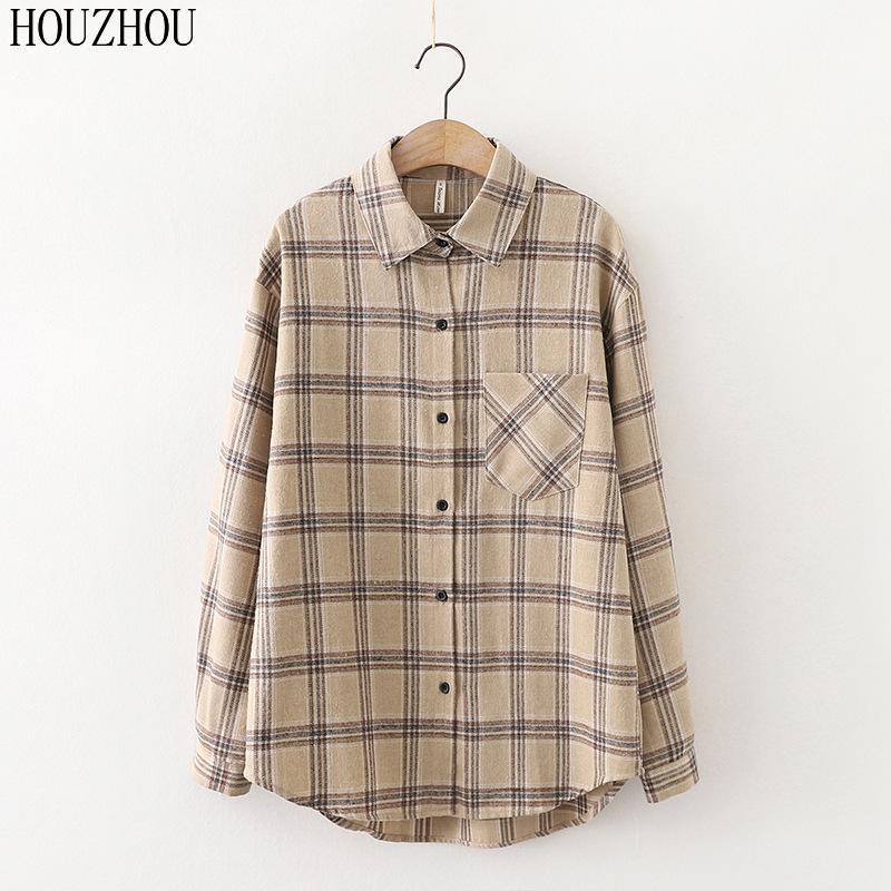 HOUZHOU Plaid Shirts Frauen Baumwolle Oversize Bluse Koreanischen Stil Langarm Casual Vintage Winter Karo Hemd M weiß von Joom DACH