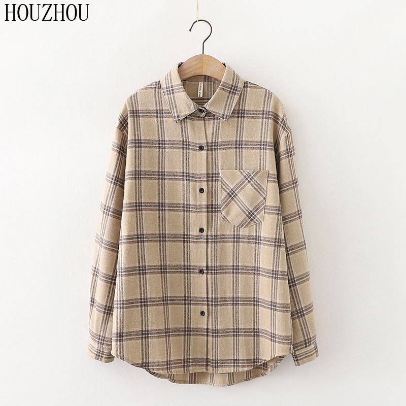 HOUZHOU Plaid Shirts Frauen Baumwolle Oversize Bluse Koreanischen Stil Langarm Casual Vintage Winter Karo Hemd M weiß von Joom DACH