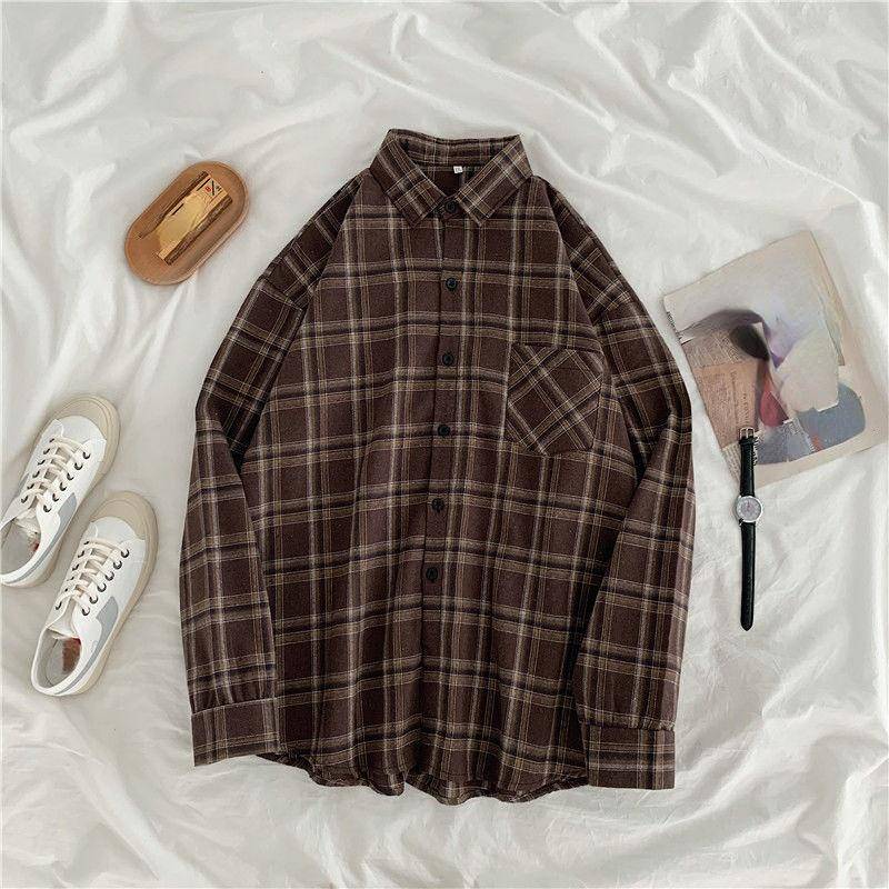 HOUZHOU Plaid Shirts Frauen Baumwolle Oversize Bluse Koreanischen Stil Langarm Casual Vintage Winter Karo Hemd XXL braun von Joom DACH