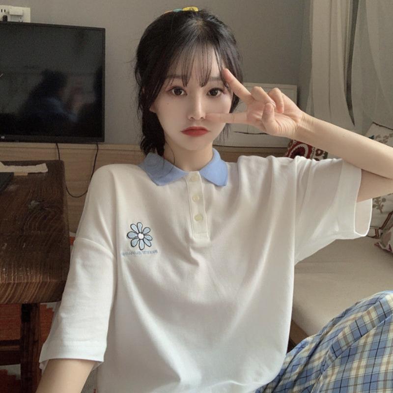 HOUZHOU Polo-T-Shirt für Mädchen, Sommer, japanischer süßer Druck, Bärenstickerei, lockere Kurzarm, Preppy-Stil M von Joom DACH