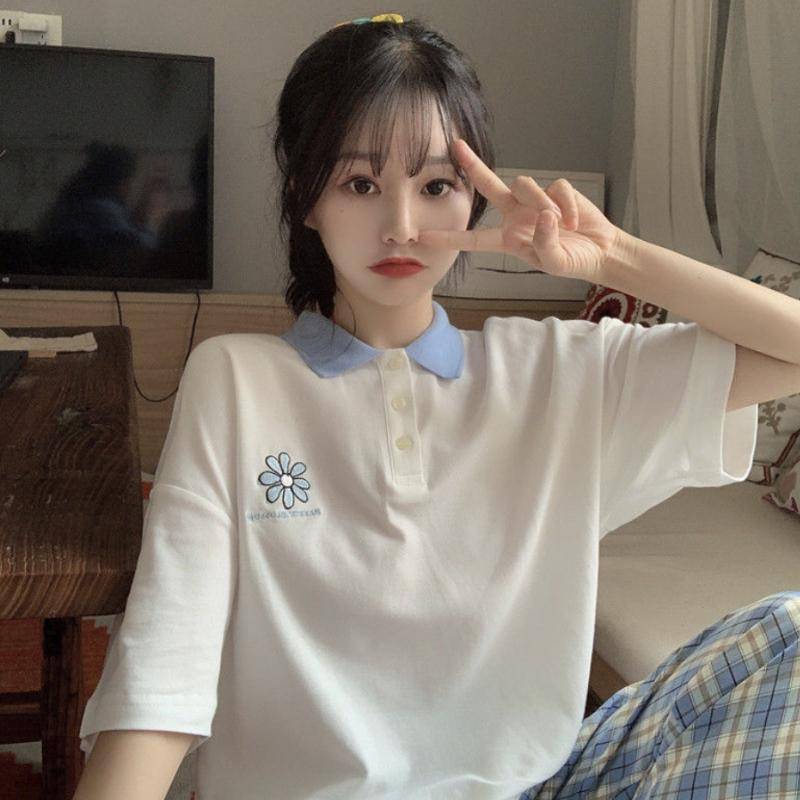 HOUZHOU Polo-T-Shirt für Mädchen, Sommer, japanischer süßer Druck, Bärenstickerei, lockere Kurzarm, Preppy-Stil M von Joom DACH