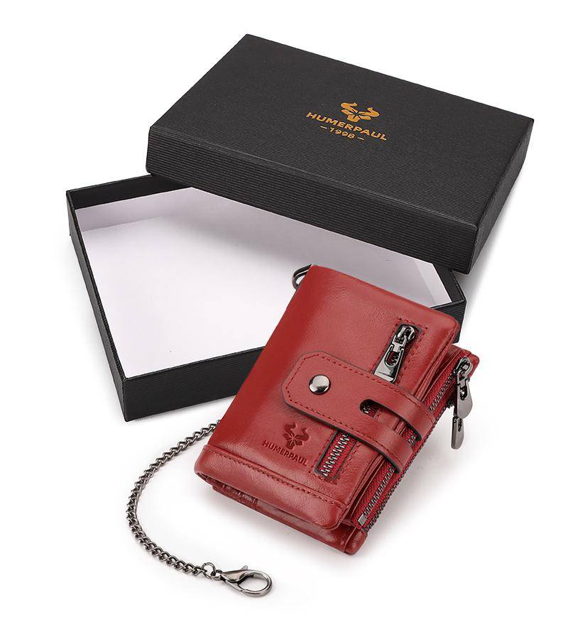 HUMERPAUL Herren-Geldbörse aus echtem Leder, RFID-blockierend, Münzgeldbörse, Kartenhalter, Kette, schlanke Bifold-Geldbörse rot von Joom DACH